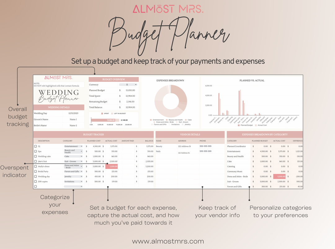 Set a budget and keep track of your wedding payments and expenses