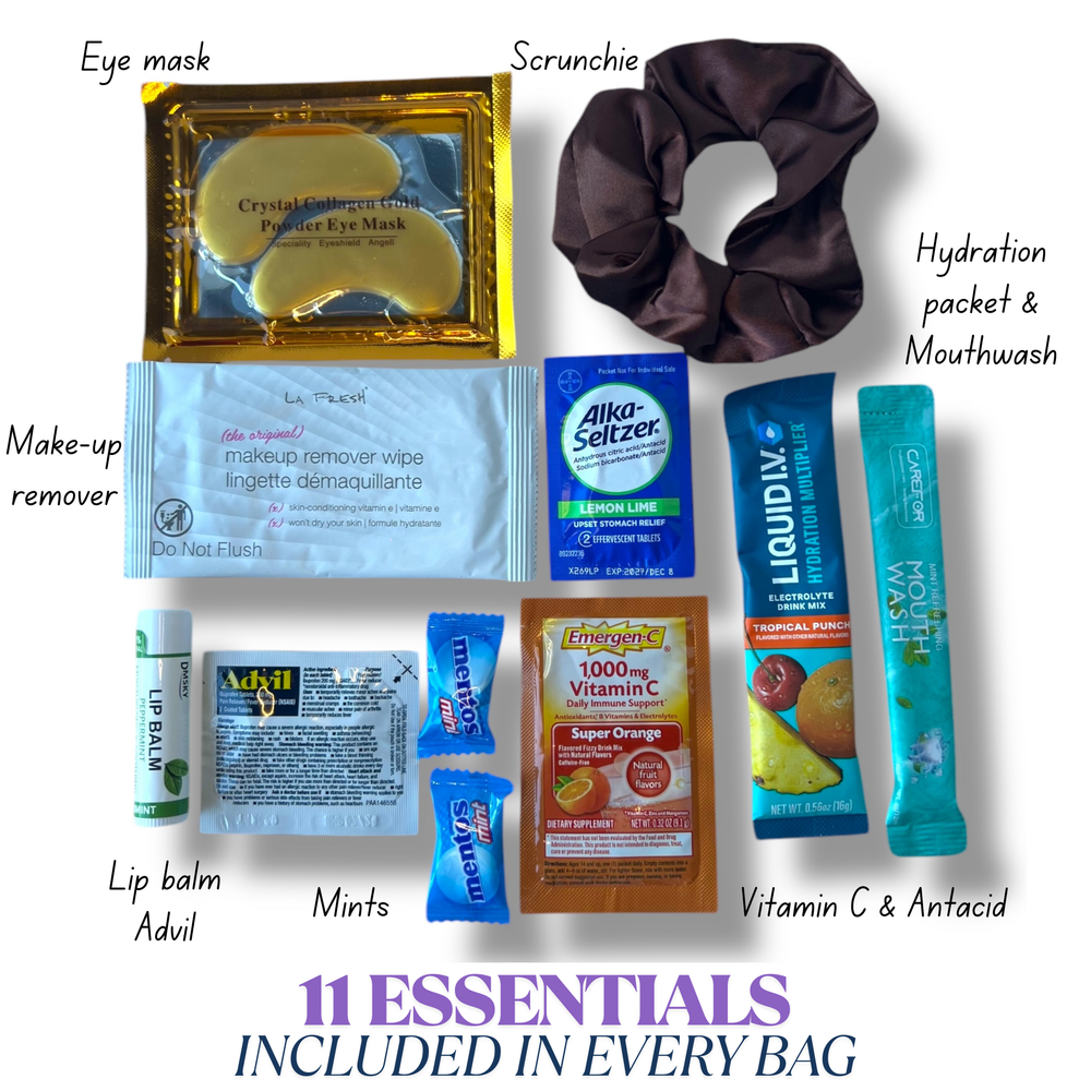 11 essentials in a kit: eye mask, make up remover, lip balm, advil, mints, vitamin c, antacid, hydration packet, mouthwash, scrunchie