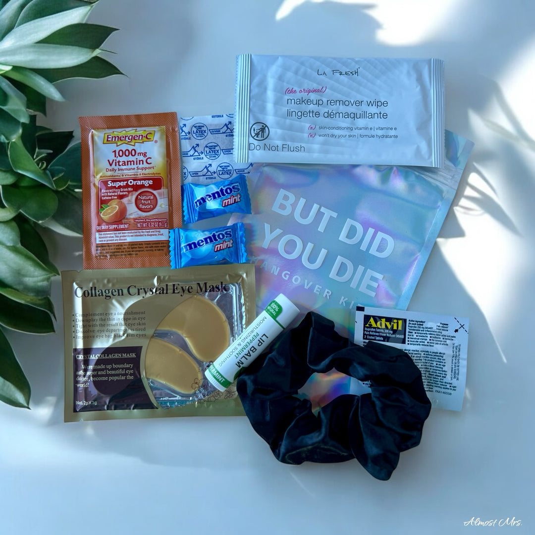 But did you die bag filled with essentials including: a soothing makeup wipe, Handy adhesive bandages (x2), Refreshing Mentos mints (x2),Immune-boosting Emergen-C Vitamin C powder packet, Pain-relieving Advil packet, collagen eye mask, a stylish scrunchie, and a nourishing lip balm