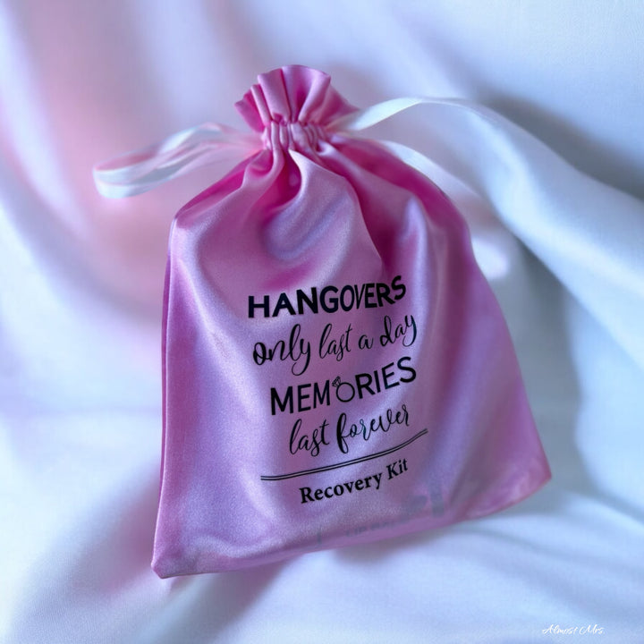 Hangovers only last a day pink big filled with recovery essentials for post-bachelorette party