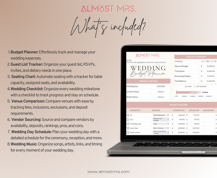 What's included in the ultimate wedding planner? Budget planner, guest list tracker, seating chart, Wedding checklist, venue comparison, vendor sourcing, wedding day schedule, wedding music